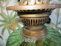 Antique Victorian Art Nouveau Oil Lamp Cast Iron Green Glass Etched Globe Shade