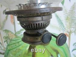 Antique Victorian Art Nouveau Oil Lamp Cast Iron Green Glass Etched Globe Shade