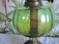Antique Victorian Art Nouveau Oil Lamp Cast Iron Green Glass Etched Globe Shade