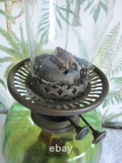 Antique Victorian Art Nouveau Oil Lamp Cast Iron Green Glass Etched Globe Shade