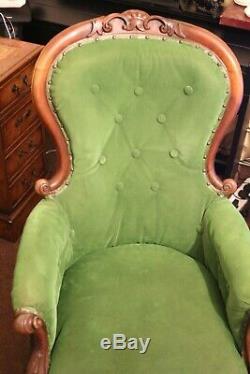 Antique Victorian Carved Button Back Green Velvet Armchair Gents Chair