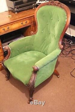 Antique Victorian Carved Button Back Green Velvet Armchair Gents Chair