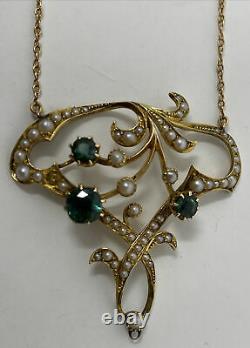 Antique Victorian Edwardian Art Nouveau 14k Gold Green Tourmaline Pearl Necklace