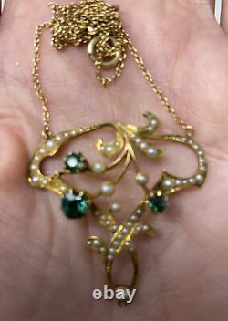Antique Victorian Edwardian Art Nouveau 14k Gold Green Tourmaline Pearl Necklace