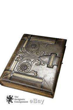 Antique Victorian Green Leather Photo Album Book Brass Art Nouveau 76 Photos