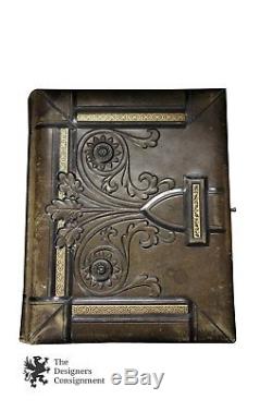 Antique Victorian Green Leather Photo Album Book Brass Art Nouveau 76 Photos