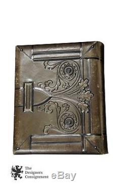 Antique Victorian Green Leather Photo Album Book Brass Art Nouveau 76 Photos