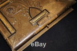 Antique Victorian Green Leather Photo Album Book Brass Art Nouveau 76 Photos