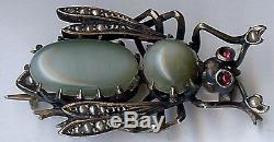 Antique Victorian Silver Green Moon Glow Stones Pearl Beautiful Fly Pin Brooch