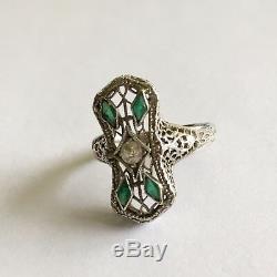 Antique Vintage Art Deco 18k White Gold Filigree Ring With Dia. & Green Stones
