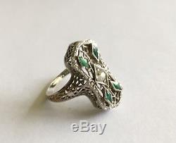 Antique Vintage Art Deco 18k White Gold Filigree Ring With Dia. & Green Stones