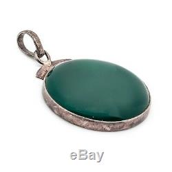 Antique Vintage Art Deco Sterling Silver 55.0 Cts Green Onyx Necklace Pendant