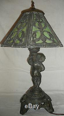 Antique Vintage Art Nouveau Stained Slag Glass Table Lamp & Shade Poul Hornison