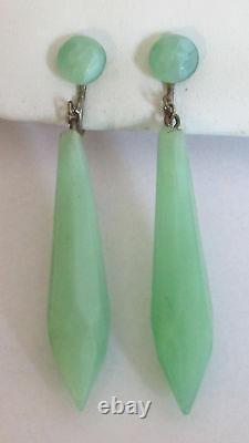 Antique Vintage Dangling Drop Art Nouveau Deco Jade Green Faceted Glass Earrings