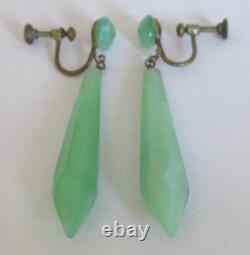 Antique Vintage Dangling Drop Art Nouveau Deco Jade Green Faceted Glass Earrings