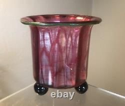 Antique Vintage Loetz Glass Vase Ausfuehrung 134 Pink With Green Lip Wrap
