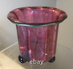 Antique Vintage Loetz Glass Vase Ausfuehrung 134 Pink With Green Lip Wrap
