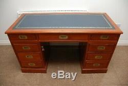 Antique Vintage Mahogany & Green Leather Twin Pedestal Military Campaign Desk