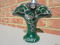 Antique Vintage Sterling Silver Overlay Teal Green Glass Basket 7.5 Art Nouveau