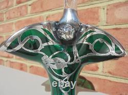 Antique Vintage Sterling Silver Overlay Teal Green Glass Basket 7.5 Art Nouveau