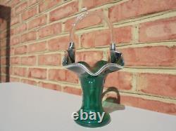 Antique Vintage Sterling Silver Overlay Teal Green Glass Basket 7.5 Art Nouveau
