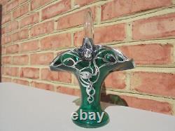 Antique Vintage Sterling Silver Overlay Teal Green Glass Basket 7.5 Art Nouveau