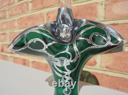 Antique Vintage Sterling Silver Overlay Teal Green Glass Basket 7.5 Art Nouveau