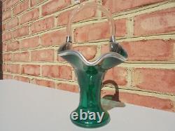 Antique Vintage Sterling Silver Overlay Teal Green Glass Basket 7.5 Art Nouveau