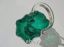 Antique Vintage Sterling Silver Overlay Teal Green Glass Basket 7.5 Art Nouveau