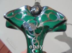 Antique Vintage Sterling Silver Overlay Teal Green Glass Basket 7.5 Art Nouveau