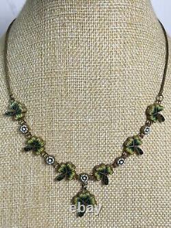 Antique Vintage Venetian Glass Micro Mosaic Shamrock Clover Gilt Necklace 859