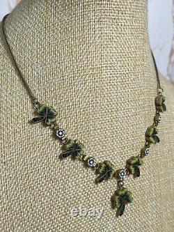 Antique Vintage Venetian Glass Micro Mosaic Shamrock Clover Gilt Necklace 859