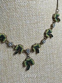 Antique Vintage Venetian Glass Micro Mosaic Shamrock Clover Gilt Necklace 859