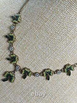 Antique Vintage Venetian Glass Micro Mosaic Shamrock Clover Gilt Necklace 859