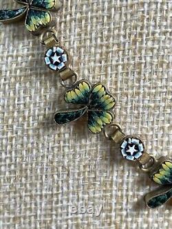 Antique Vintage Venetian Glass Micro Mosaic Shamrock Clover Gilt Necklace 859