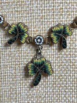 Antique Vintage Venetian Glass Micro Mosaic Shamrock Clover Gilt Necklace 859