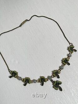 Antique Vintage Venetian Glass Micro Mosaic Shamrock Clover Gilt Necklace 859