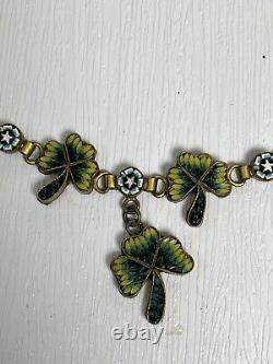 Antique Vintage Venetian Glass Micro Mosaic Shamrock Clover Gilt Necklace 859