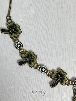 Antique Vintage Venetian Glass Micro Mosaic Shamrock Clover Gilt Necklace 859