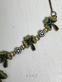 Antique Vintage Venetian Glass Micro Mosaic Shamrock Clover Gilt Necklace 859