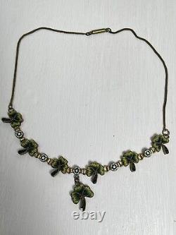 Antique Vintage Venetian Glass Micro Mosaic Shamrock Clover Gilt Necklace 859