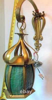 Antique Vtg ART NOUVEAU WALL SCONCE Fixture GREEN SLAG Glass & Brass