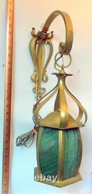 Antique Vtg ART NOUVEAU WALL SCONCE Fixture GREEN SLAG Glass & Brass