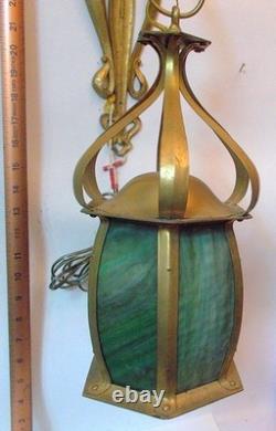 Antique Vtg ART NOUVEAU WALL SCONCE Fixture GREEN SLAG Glass & Brass