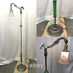 Antique Vtg Art Deco Nouveau Victorian Bridge Floor Lamp Houze Green Glass Brass