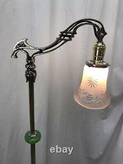 Antique Vtg Art Deco Nouveau Victorian Bridge Floor Lamp Houze Green Glass Brass