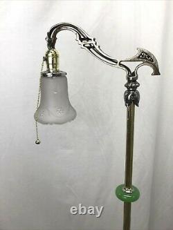 Antique Vtg Art Deco Nouveau Victorian Bridge Floor Lamp Houze Green Glass Brass