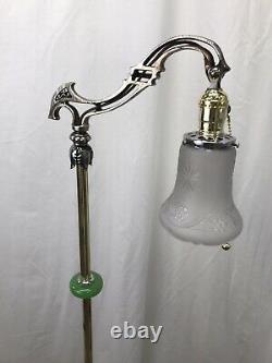 Antique Vtg Art Deco Nouveau Victorian Bridge Floor Lamp Houze Green Glass Brass