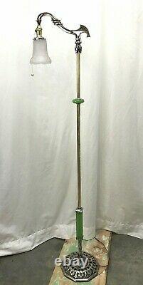 Antique Vtg Art Deco Nouveau Victorian Bridge Floor Lamp Houze Green Glass Brass