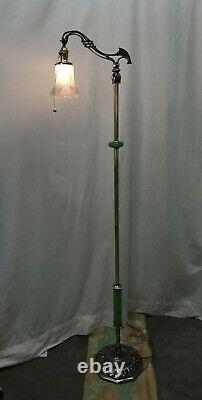 Antique Vtg Art Deco Nouveau Victorian Bridge Floor Lamp Houze Green Glass Brass